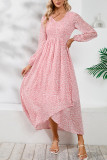 V Neck Puff Sleeves Split Printing Maxi Dress
