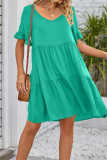 Plain V Neck Ruffles Tiered Dress With Pockets