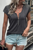 Gray Zip Neck Lace Splicing Short Sleeve Tee