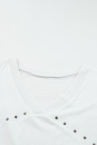 White Contrast Knit Splicing V Neck Studded Blouse