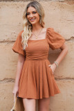 Brown Square Neck Ruched Puff Sleeve Romper