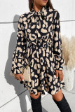 Black Leopard Tie Bow Collar High Waist Mini Dress