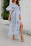 V Neck Puff Sleeves Split Printing Maxi Dress