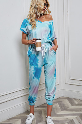 Tie Dye Short Sleeve Top and Drawstring Pants Two Pieces Set