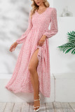 V Neck Puff Sleeves Split Printing Maxi Dress