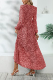 V Neck Puff Sleeves Split Printing Maxi Dress
