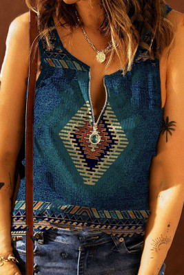 Dark Blue Zipper Down Western Geometric Print Tank Top