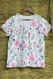 White V Neck Short Sleeves Floral Top