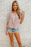 Pink Leopard Printed Short Sleeves Twist Shirt