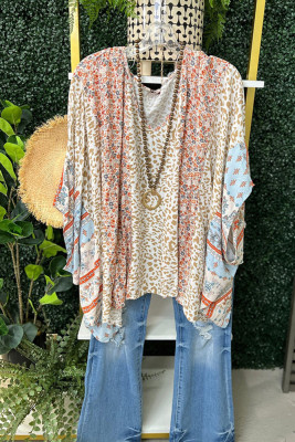 V Neck Color Block Leopard Floral Bat Wing Sleeves Blouse Top