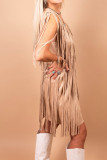 Khaki V Neck Tassels Suede Sleeveless Dress