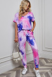 Tie Dye Short Sleeve Top and Drawstring Pants Two Pieces Set