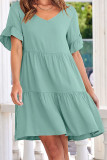 Plain V Neck Ruffles Tiered Dress With Pockets