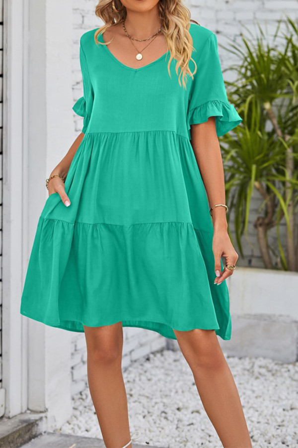 Plain V Neck Ruffles Tiered Dress With Pockets