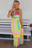 Yellow Color Block Striped Bow Knot Straps Maxi Dress