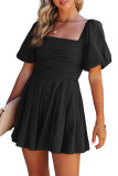 Black Square Neck Ruched Puff Sleeve Romper