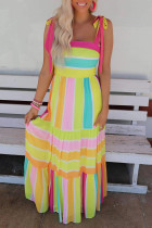 Yellow Color Block Striped Bow Knot Straps Maxi Dress