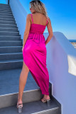 Rose Ruched Wrap V Neck Slit Satin Dress