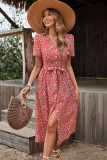 V Neck Red Floral Buttoned Midi Dress