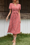 V Neck Red Floral Buttoned Midi Dress