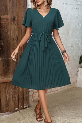 Dark Green V Neck Buttoned Pleated Midi Dress