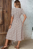 Apricot Leopard Print V Neck Buttoned Tie Sleeves Midi Dress