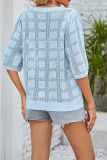 Crew Neck Grid Mesh Hollow Half Sleeves Knitting Top
