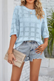 Crew Neck Grid Mesh Hollow Half Sleeves Knitting Top