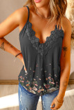 Black Floral Print Lace Crochet Splicing V Neck Cami Top