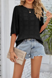 Crew Neck Grid Mesh Hollow Half Sleeves Knitting Top