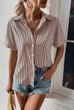 Striped Open Button Short Sleeves Blouse