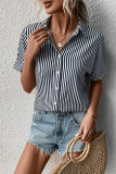 Striped Open Button Short Sleeves Blouse