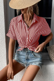 Striped Open Button Short Sleeves Blouse