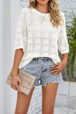 Crew Neck Grid Mesh Hollow Half Sleeves Knitting Top