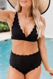 Black Scalloped Trim Ribbed 2pcs Bikini Swimsuit