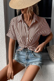 Striped Open Button Short Sleeves Blouse
