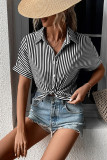 Striped Open Button Short Sleeves Blouse