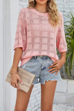 Crew Neck Grid Mesh Hollow Half Sleeves Knitting Top