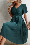 Dark Green V Neck Buttoned Pleated Midi Dress