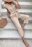 Apricot V Neck Buttoned Sleeveless Jumpsuit