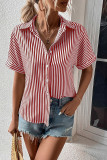 Striped Open Button Short Sleeves Blouse