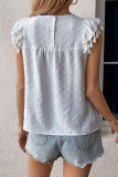White Jacquard Spot Ruffles Fringe Sleeves Top