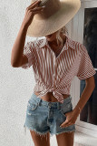 Striped Open Button Short Sleeves Blouse