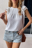 White Jacquard Spot Ruffles Fringe Sleeves Top