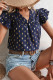 Navy With Foil Print V Neck Puff Tiered Sleeves Blouse