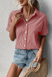 Striped Open Button Short Sleeves Blouse