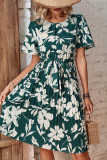 Green Floral Flare Sleeves Pleated Midi Dress