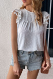 White Jacquard Spot Ruffles Fringe Sleeves Top