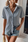 Striped Open Button Short Sleeves Blouse