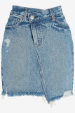 Sky Blue Diagonal Seam Raw Hem Distressed Denim Skirt